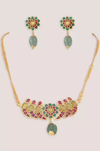 Pink green stones kundan necklace set