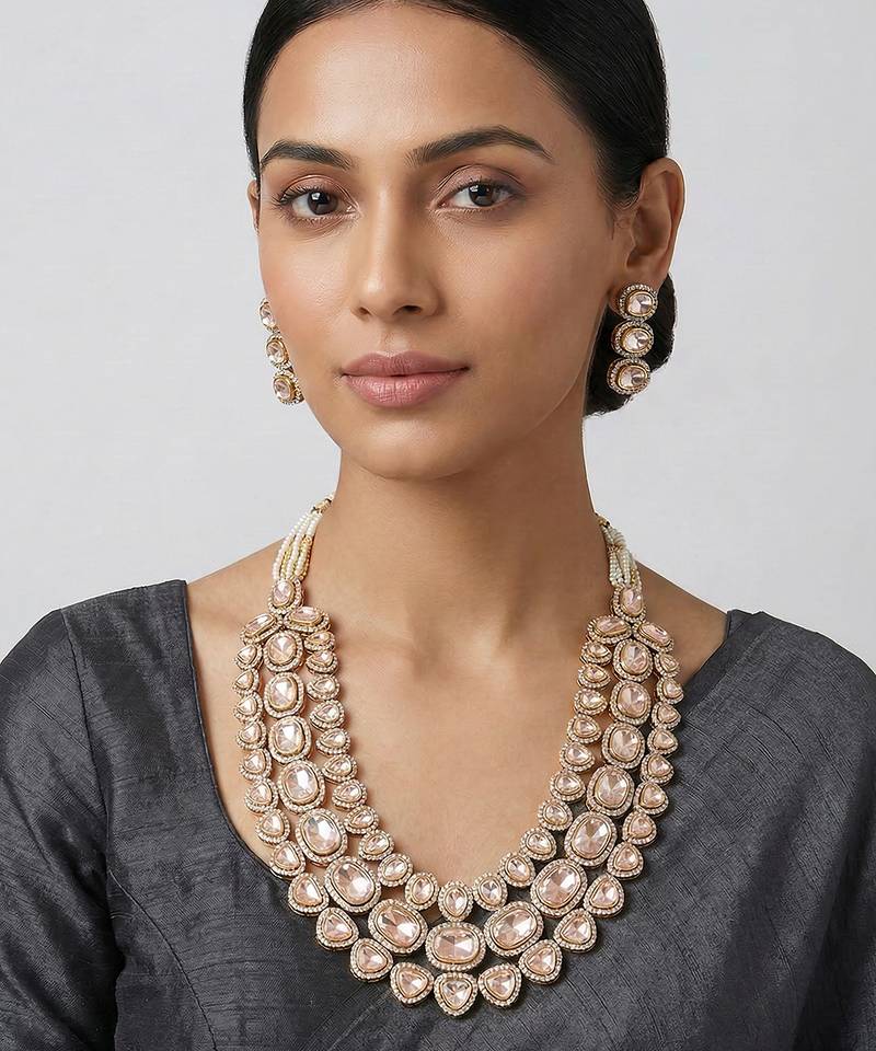 Dual tone polki long necklace set