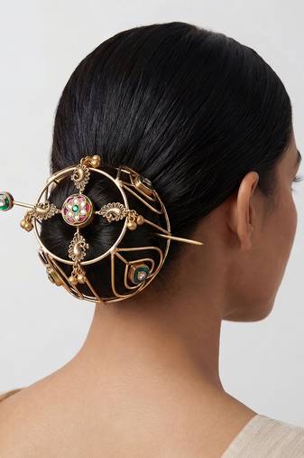 Multicolor kundan polki hair bun cage with pin