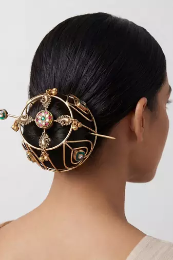 Multicolor kundan polki hair bun cage with pin