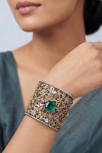 Green stone kundan cuff bracelet
