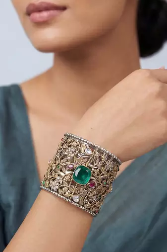 Green stone kundan cuff bracelet