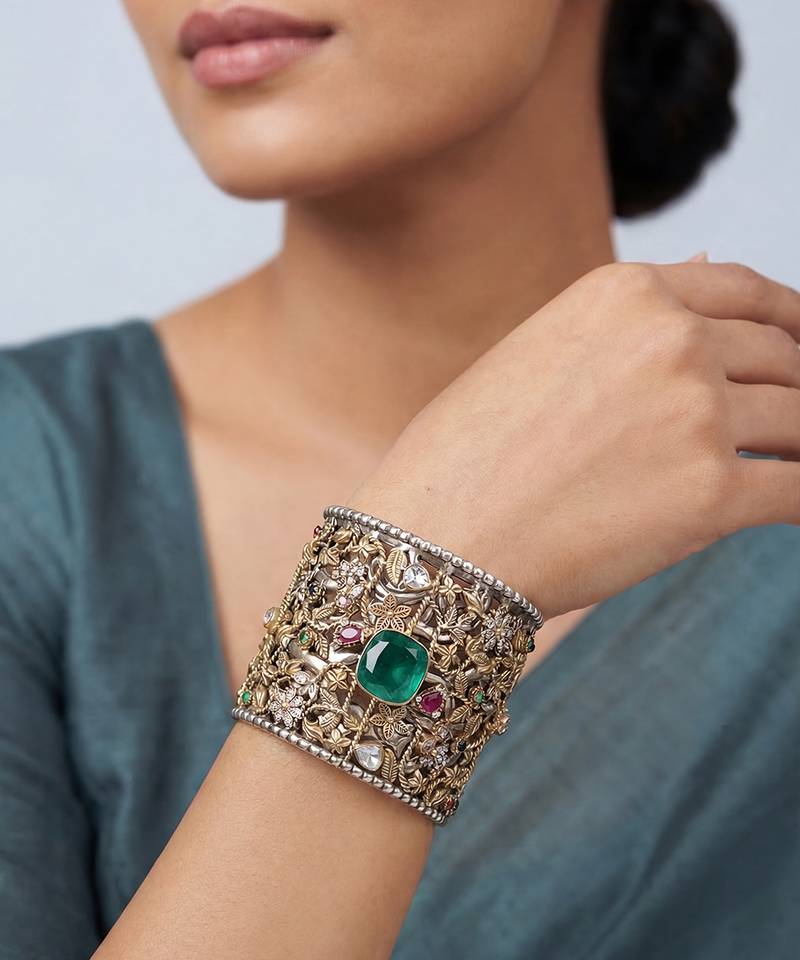 Green stone kundan cuff bracelet