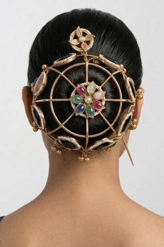 Multicolor floral kundan hair bun cage with pin