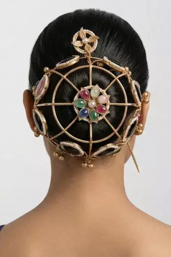 Multicolor floral kundan hair bun cage with pin
