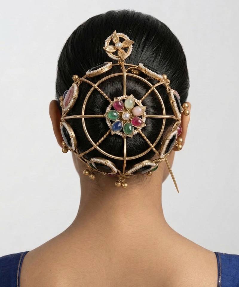 Multicolor floral kundan hair bun cage with pin