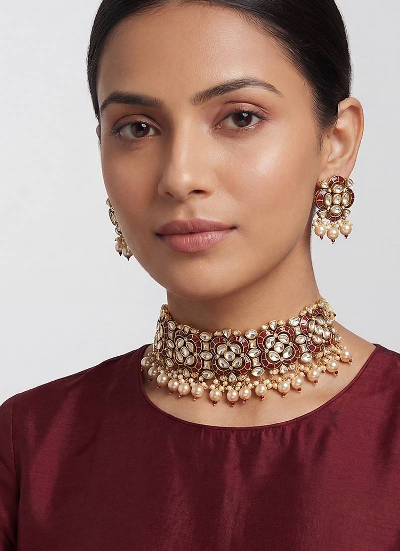 Red stones kundan choker set