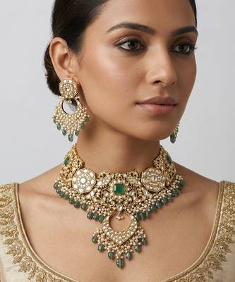 Gold plated green stones kundan choker set 1