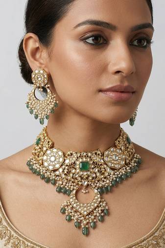 Gold plated green stones kundan choker set