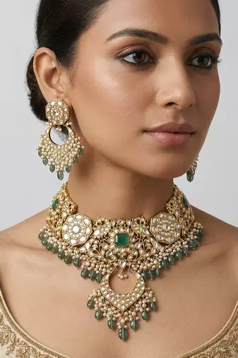 Gold plated green stones kundan choker set