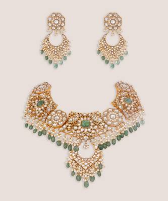 Gold plated green stones kundan choker set 2