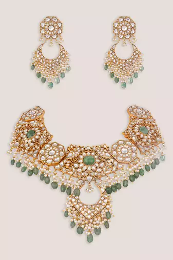 Gold plated green stones kundan choker set
