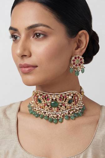 Pink green stones kundan choker set