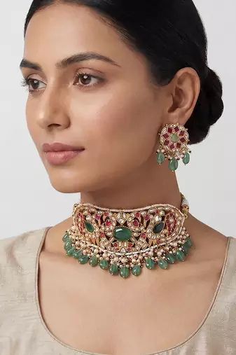 Pink green stones kundan choker set