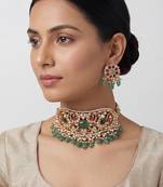 Pink green stones kundan choker set