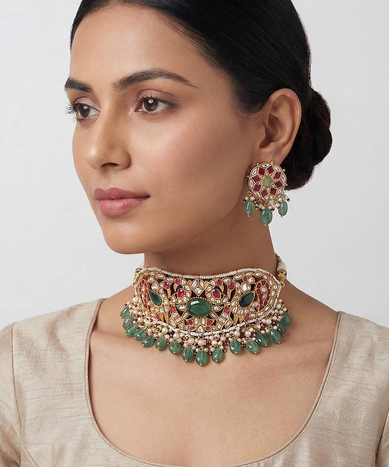 Pink green stones kundan choker set