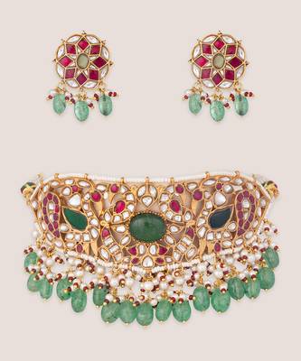 Pink green stones kundan choker set 2