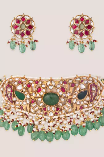 Pink green stones kundan choker set