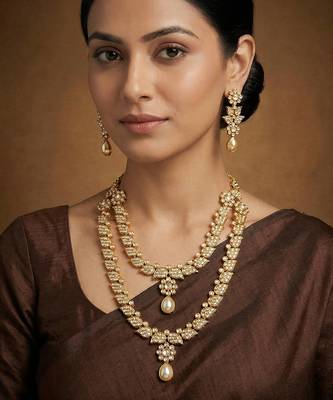 Gold finish jadau long necklace set 1