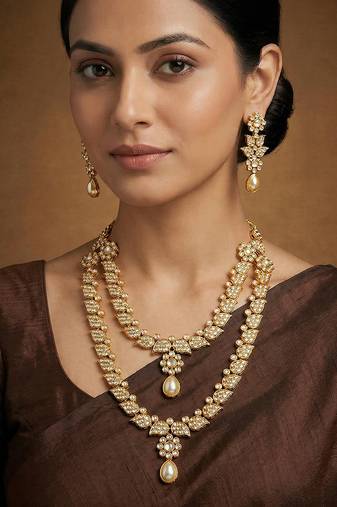 Gold finish jadau long necklace set