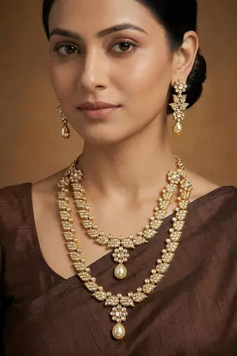 Gold finish jadau long necklace set