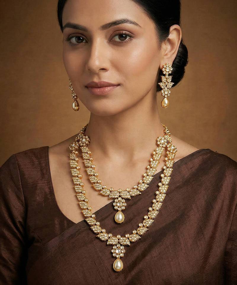 Gold finish jadau long necklace set