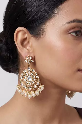 Gold plated white stones kundan polki earrings