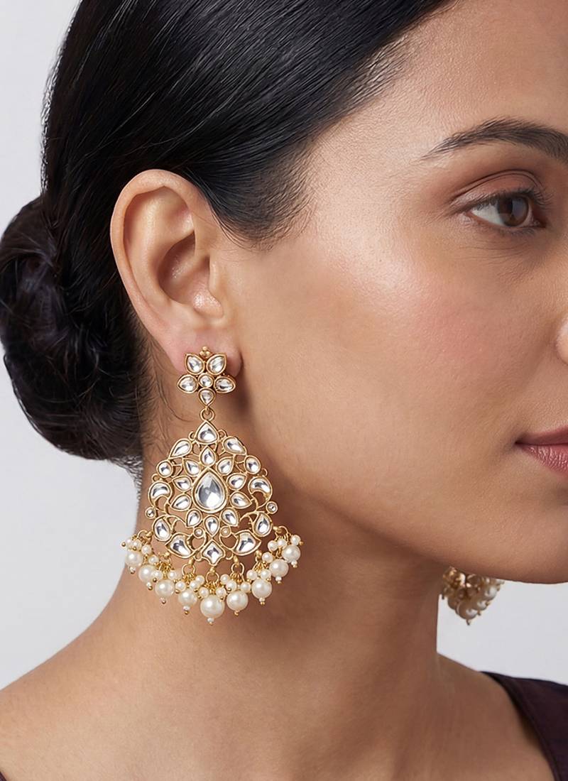 Gold plated white stones kundan polki earrings