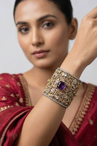 Purple stone kundan cuff bracelet
