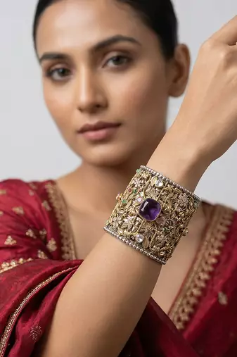 Purple stone kundan cuff bracelet