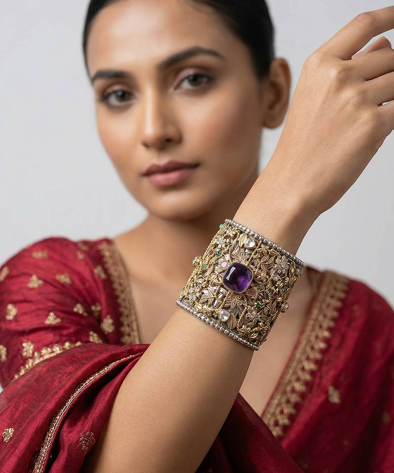 Purple stone kundan cuff bracelet