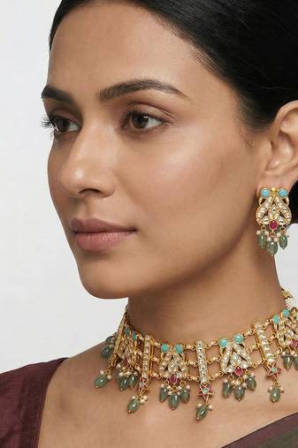 Multicolor stones gold finish kundan choker set