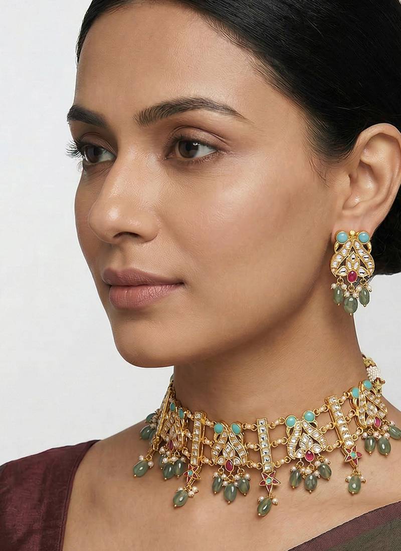 Multicolor stones gold finish kundan choker set