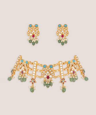 Multicolor stones gold finish kundan choker set 2