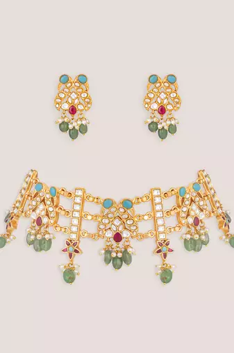Multicolor stones gold finish kundan choker set