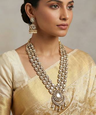 Rhodium plated white stones polki long necklace set 1