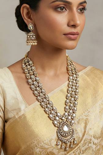 Rhodium plated white stones polki long necklace set