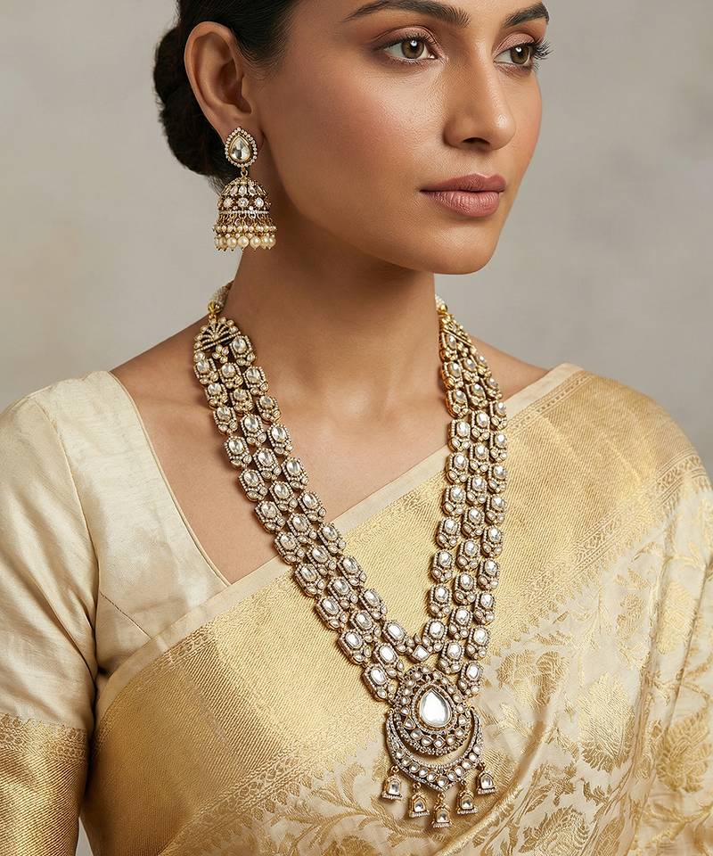Rhodium plated white stones polki long necklace set
