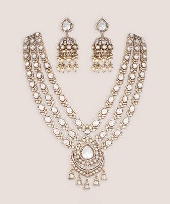 Rhodium plated white stones polki long necklace set 2