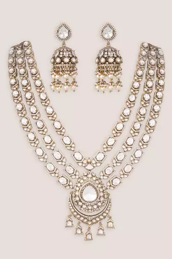 Rhodium plated white stones polki long necklace set