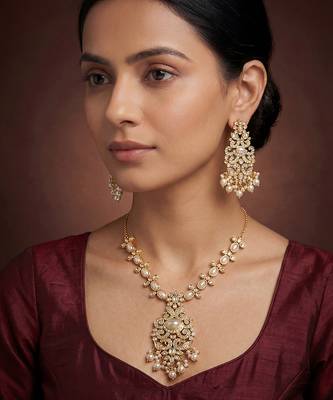Gold finish jadau necklace set 1