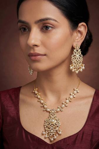 Gold finish jadau necklace set