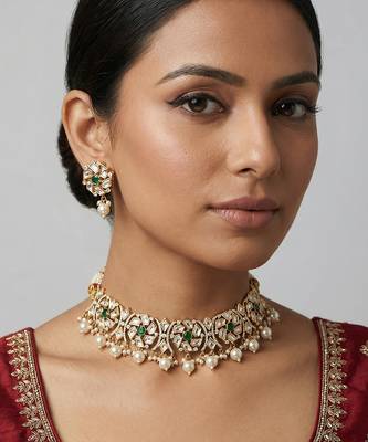 Gold plated kundan green stones necklace set 1
