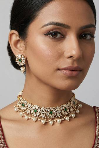 Gold plated kundan green stones necklace set