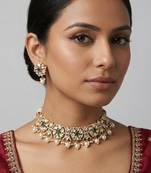 Gold plated kundan green stones necklace set