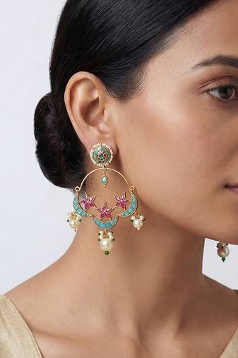 Sitara blue pink kundan chandbali earrings