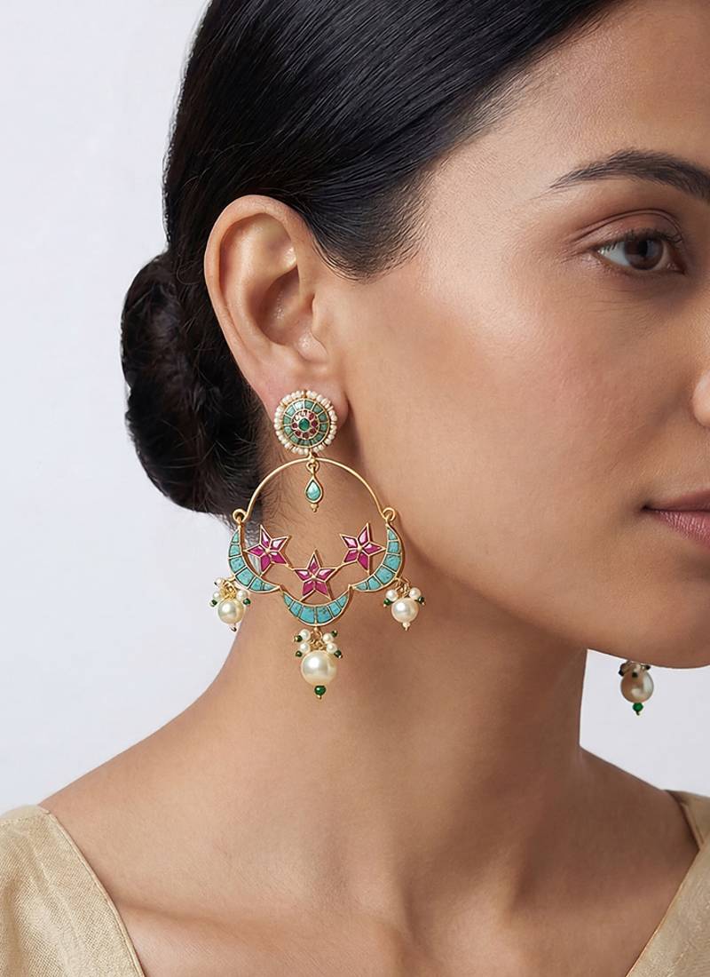 Sitara blue pink kundan chandbali earrings
