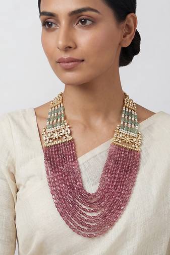 Pink stones kundan multi strand rani haar necklace
