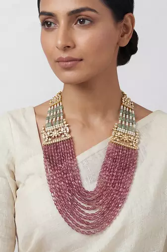 Pink stones kundan multi strand rani haar necklace