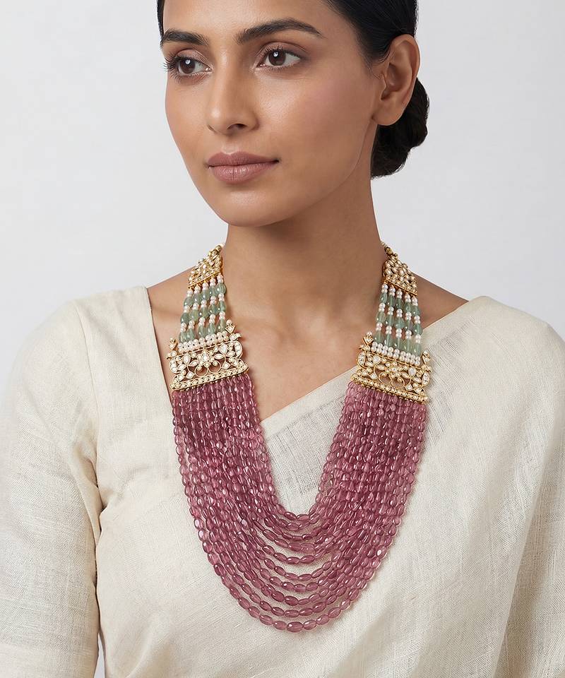 Pink stones kundan multi strand rani haar necklace